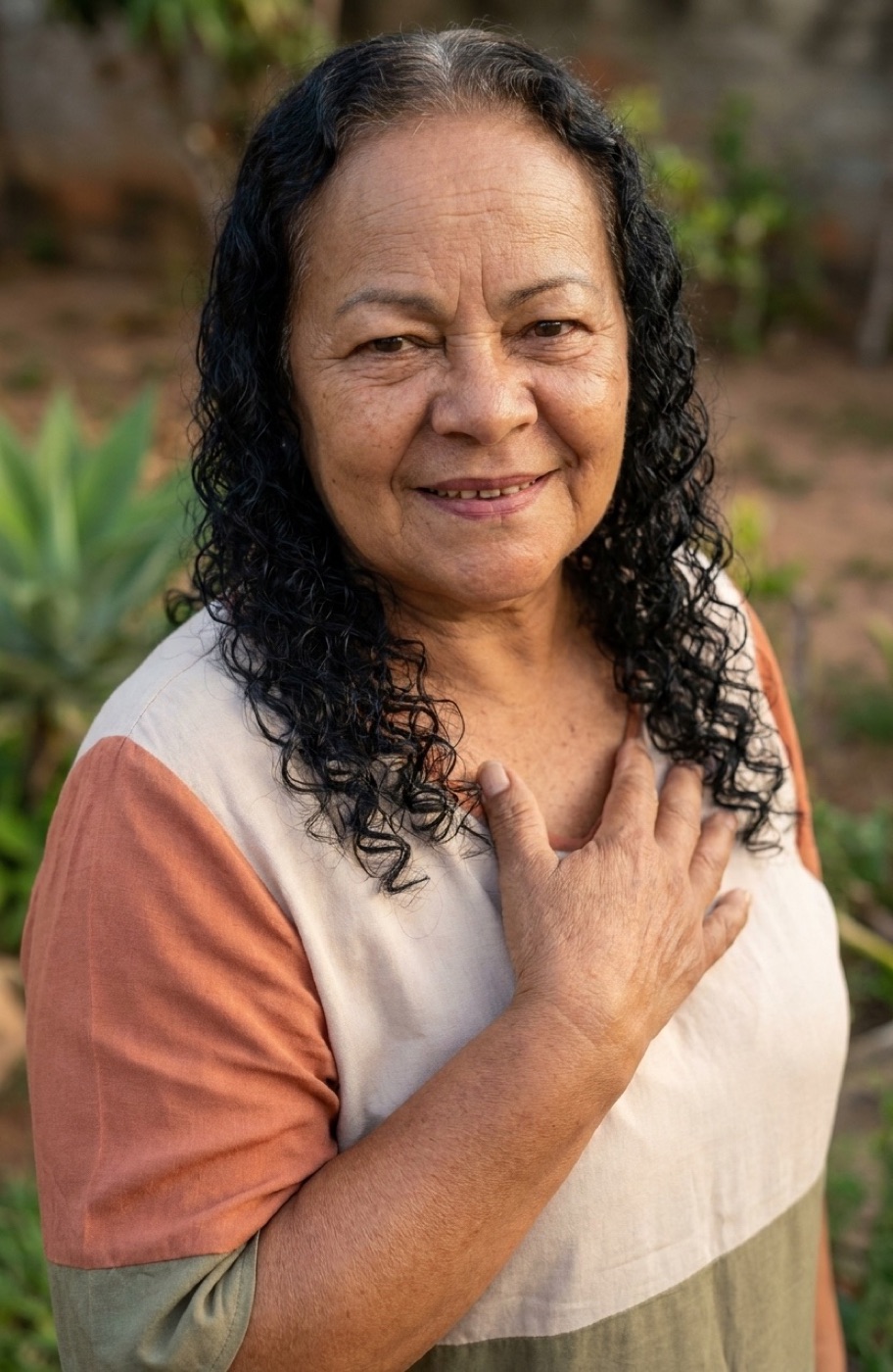Neuza Maria da Silva em retrato caloroso, com a mão no peito