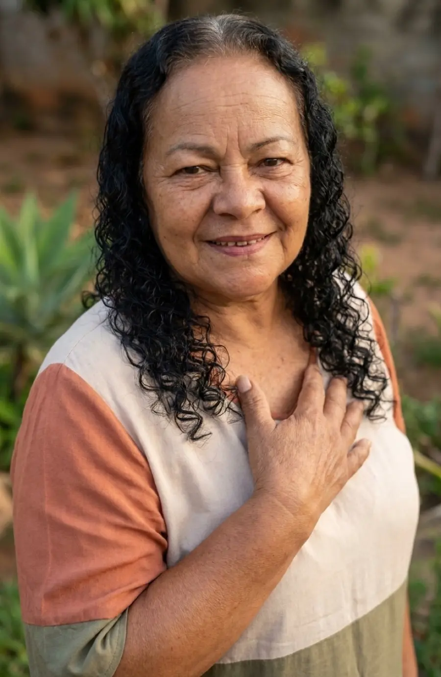 Neuza Maria da Silva em retrato caloroso, com a mão no peito