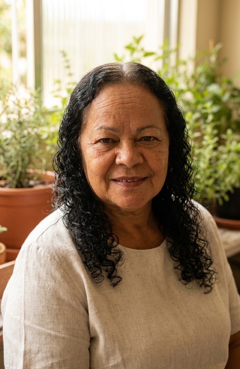 Retrato de Neuza Maria da Silva, naturopata, sorrindo em meio às suas plantas