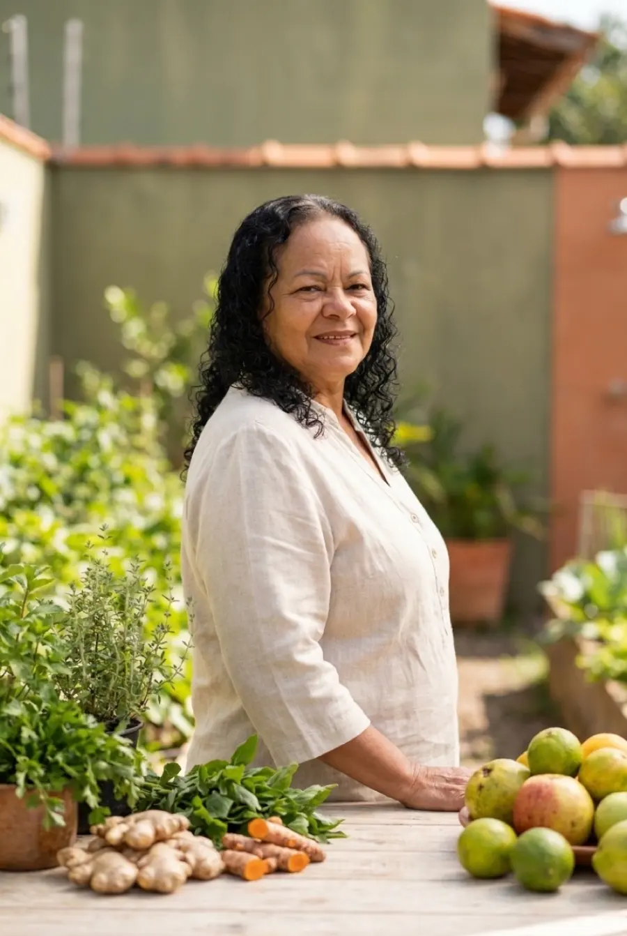 Neuza Maria no quintal de casa, entre suas plantas, gengibre, cúrcuma e frutas